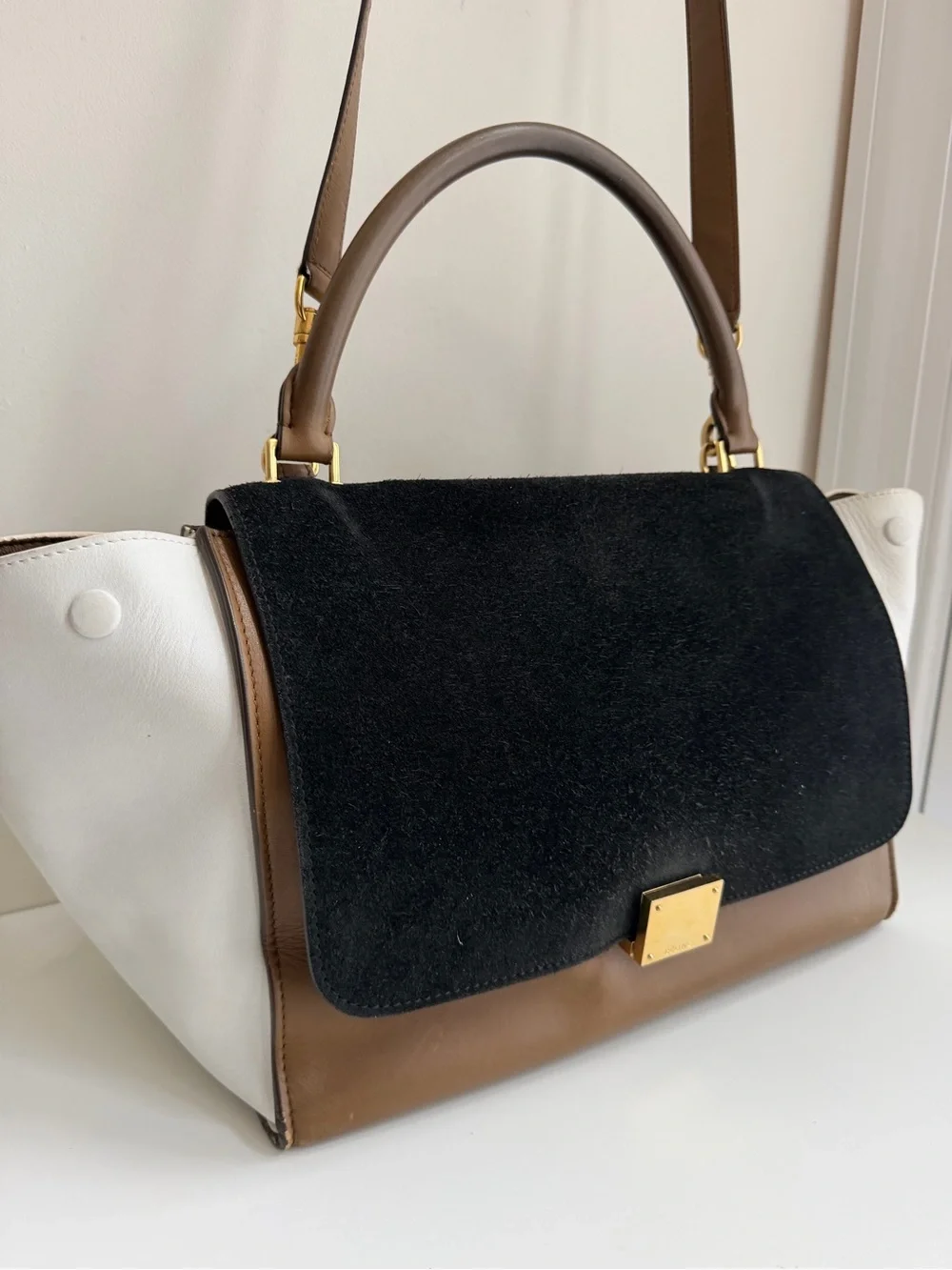 Authentic CELINE Medium Trapeze Tricolor Leather Suede Handbag